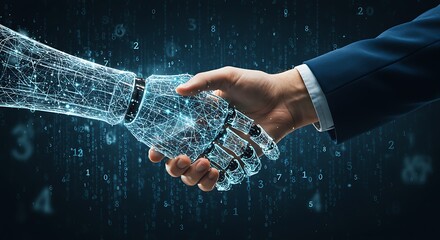 Artificial intelligence and human collaboration represented by handshake of futuristic robot