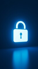 Iluminated Padlock icon on blue background. Digital data protect. Cyber data (Information Privacy). Copy space banner