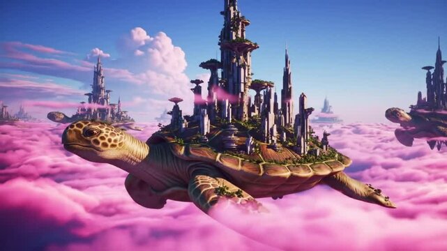 Floating cities on turtle backs in pink cloudscapes