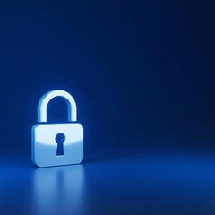 Iluminated Padlock icon on blue background. Digital data protect. Cyber data (Information Privacy). Copy space banner