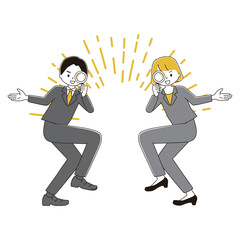 虫眼鏡を覗き込むスーツ姿の女性と男性の全身イラスト　集中線