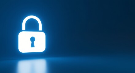 Iluminated Padlock icon on blue background. Digital data protect. Cyber data (Information Privacy). Copy space banner