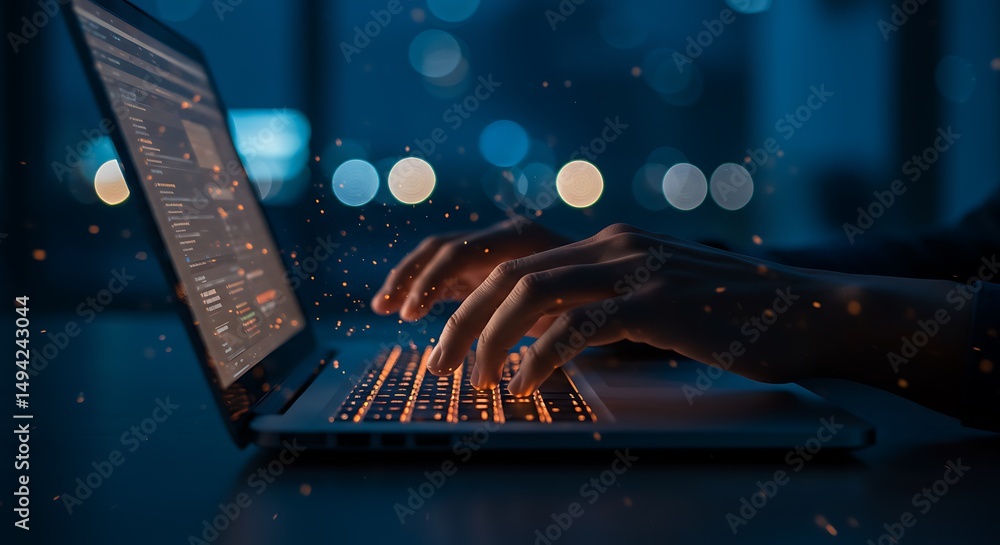 Poster person's hands typing on illuminated laptop keyboard with bokeh lights in the background