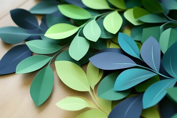 Elegant paper cut foliage composition featuring various shades of green and blue leaves
