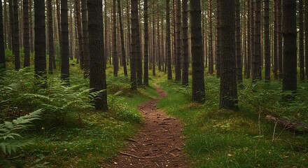 Fototapeta premium Walking Path Through Dense Forest with Ferns and Tall Trees