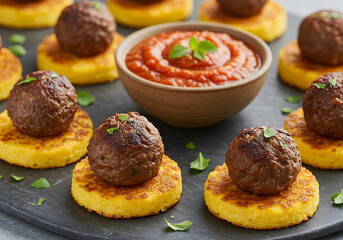 Polenta cakes with meatballs and tomato sauce