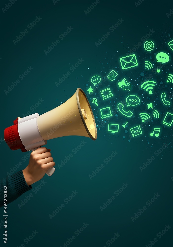 Poster loudspeaker broadcasting digital communication symbols for online connectivity and global networking