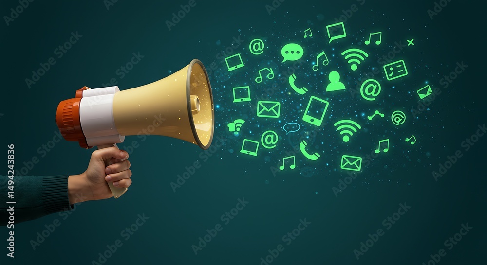 Poster loudspeaker broadcasting digital communication icons representing global connectivity