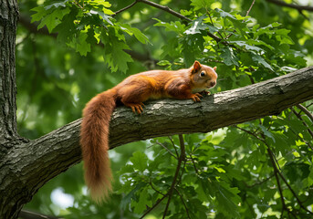 Fototapeta premium Red squirrel on tree branch