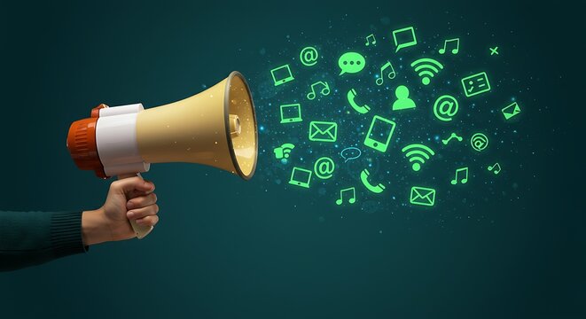 Loudspeaker broadcasting digital communication icons representing global connectivity - Powered by Adobe