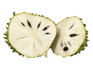 Fresh Ripe Soursop Fruit Cut in Half Isolated on White Background. Tropical Annona Muricata with Juicy White Pulp and Black Seeds