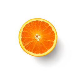 Orange fruit slice isolated on white background. Cut in half orange citrus, top view, flat lay