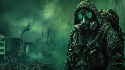 Fototapeta premium Soldier in Gas Mask Amidst Post-Apocalyptic Ruins