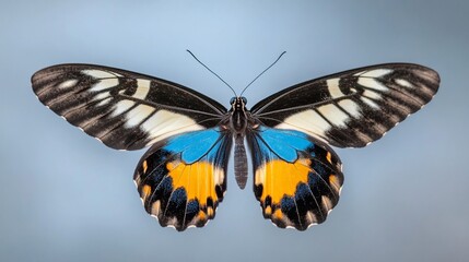 Fototapeta premium Vibrant butterfly with black, white, blue, and yellow wing patterns, centered