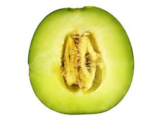 Top View of a Sliced Honeydew Melon Showing Juicy Green Flesh and Seed Core Isolated on White Background