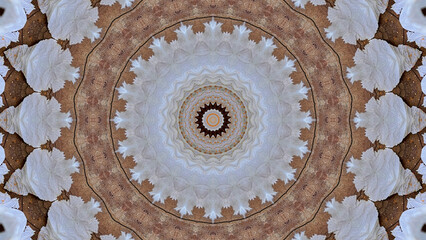 A symmetrical, kaleidoscopic pattern featuring concentric circles with intricate, repeating designs in shades of white, brown, and beige
