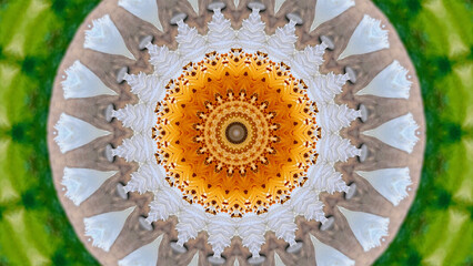 A vibrant kaleidoscopic pattern featuring a central orange mandala surrounded by intricate white and beige shapes