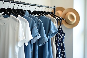 Obraz premium Clothing rack with shirts dresses and hats for fashion wardrobe organization and style inspiration ideas 