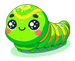 Cute green cartoon caterpillar with big eyes and yellow stripes.