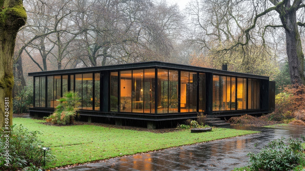 Poster modern architectural structure nestled within a park-like setting.