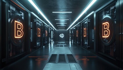 Neon-lit corridor of futuristic servers