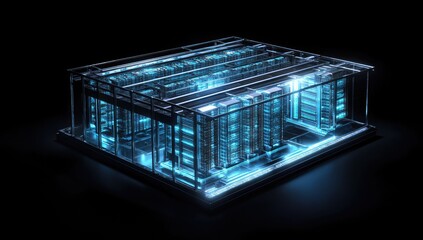 Transparent server rack with glowing internal components