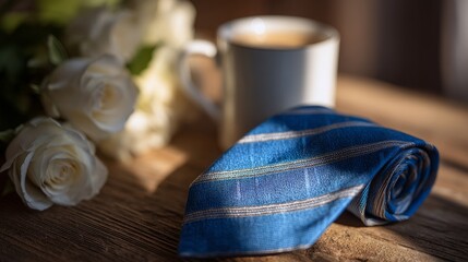 A classic blue necktie with silver stripes on a wooden table, surrounded by roses and coffee, evoking heartfelt Father's Day warmth.
