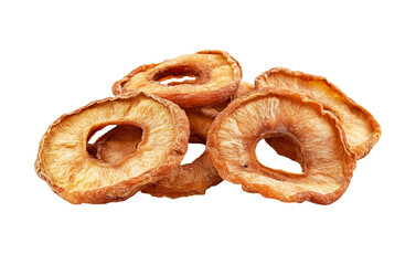 Fototapeta premium Crisp dried apple rings PNG cutout with transparent white background, perfect for food packaging design, healthy snack ads, or creative visuals