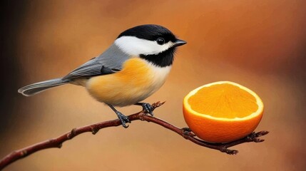 Naklejka premium Charming Black-capped Chickadee Perched on a Branch with a Juicy Orange Slice