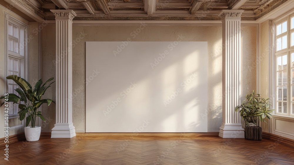 Poster empty room with large canvas and antique columns.