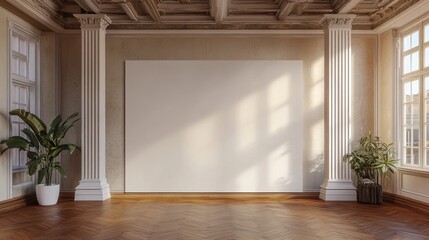 Empty room with large canvas and antique columns.