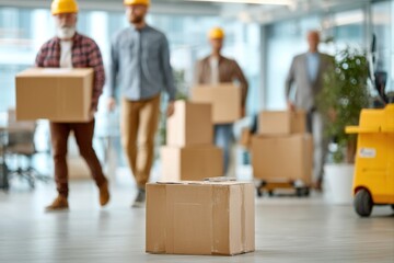 Team of Workers Moving Boxes in Modern Office Environment