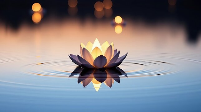Serene Lotus Blossom with Candlelight Reflections &ndash; Mindfulness and Poson Poya Day Theme