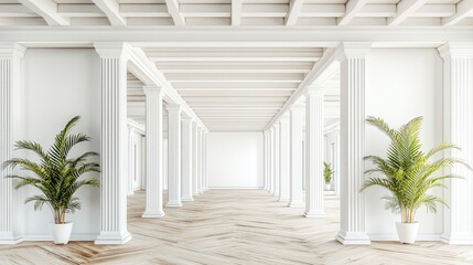 Fototapeta premium White colonnaded hall with light wood flooring.