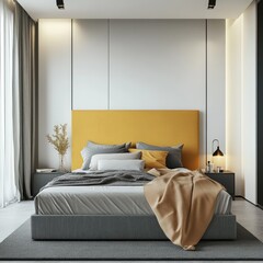 Modern bedroom with mustard yellow headboard, grey bedding, and minimalist decor
