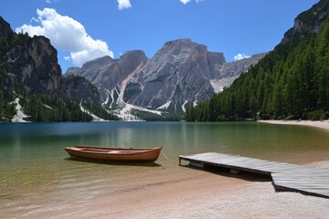 Wooden Rowboat Docked at a Tranquil Mountain Lake
