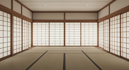 Obraz premium Empty room, Japanese-style hall with tatami mats and paper sliding doors called Shoji in Japanese