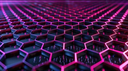 Fototapeta premium Abstract Hexagonal Grid Pattern with Glowing Neon Pink and Blue Lights Technology Backgr