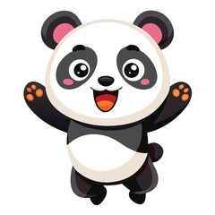 A delighted baby panda with its arms raised and a surprised expression appears to be jumping a white background