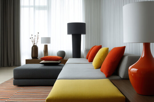 modern living room featuring dynamic color schemes with bold contrasts and harmonious blends