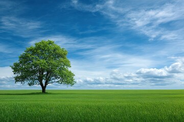 Solitary Tree In A Green Field Under Blue Sky