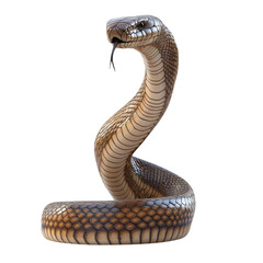 Fototapeta premium 3D Rendered Cobra Standing with Hood Flared, Featuring Detailed Scales, Sharp Fangs, and Striking Pose on White Background, Realistic Snake Illustration for Wildlife, Nature, and Educational Projects