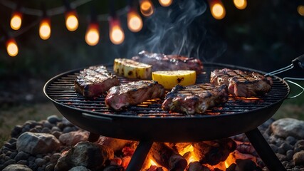 Grilled Meat Cooking on BBQ at Night with Glowing Coals