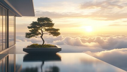 Serene sunrise view from a modern rooftop with a bonsai tree and infinity pool above the clouds