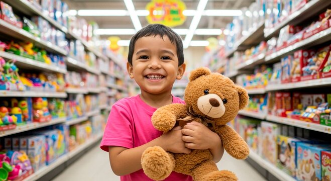 A happy boy holding a teddy bear stands in a toy aisle with shelves full of toys in the background