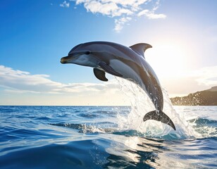 Obraz premium Dolphin leaping out of ocean waters at sunset, showcasing agility and grace against a scenic backdrop