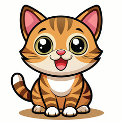 A happy tabby kitten with wide eyes and its tongue slightly out looks directly at the viewer  a white background