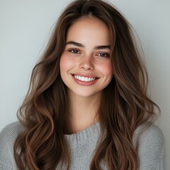 Naklejka premium A young woman with long hair smiles warmly, radiating joy and confidence against a neutral background.