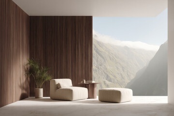 modern living room featuring natural materials like wood stone and plants emphasizing sustainability and harmony