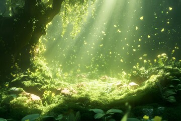 Obraz premium Enchanting forest scene with sunlight streaming through leaves and fairy dust